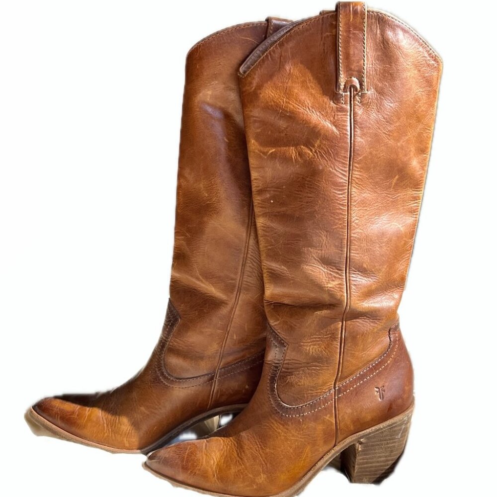 Frye Faye Stich Pull On Clay Leather Cowboy Pointed Toe Knee High Boots - Picture 2 of 8